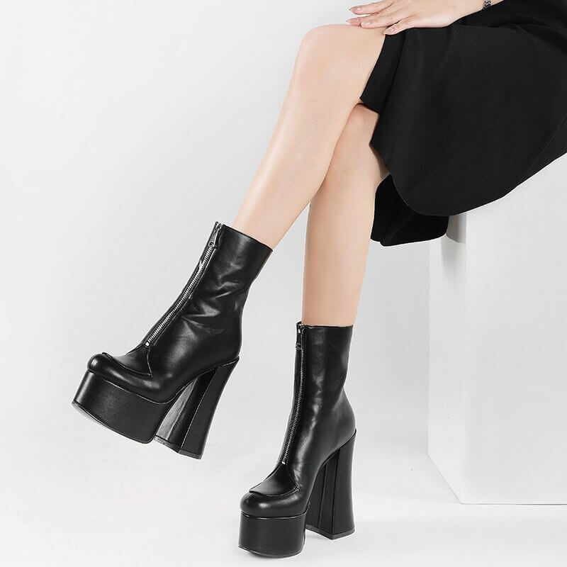 short boots women Thick Bottom Solid color Front zipper round toe party shoes Autumn