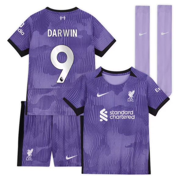 Liverpool Third Kit 2023-24 - Little Kids with Darwin 9 printing Jersey - Purple