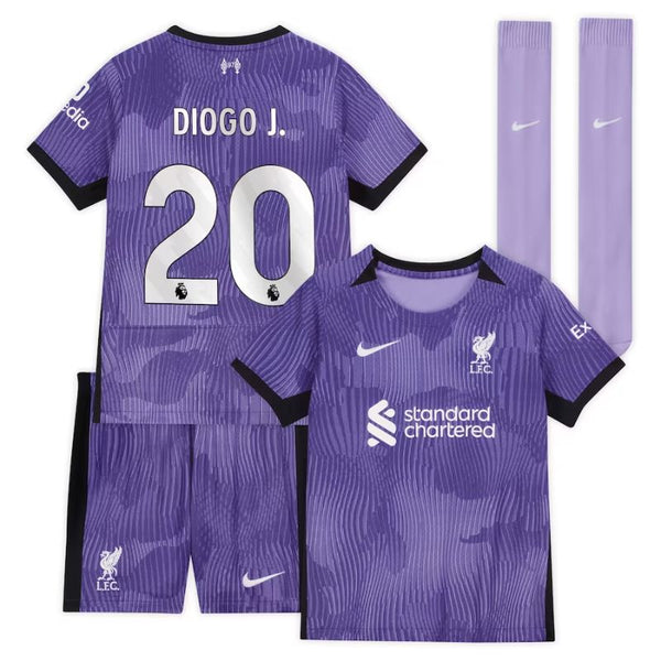 Liverpool Third Kit 2023-24 - Little Kids with Diogo J. 20 printing Jersey - Purple