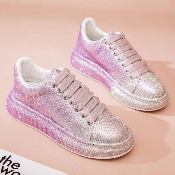 Women's Sneakers Flat Rhinestone Shiny, Ladies Shoes Laces Casual Women's Vulcanized Shoes