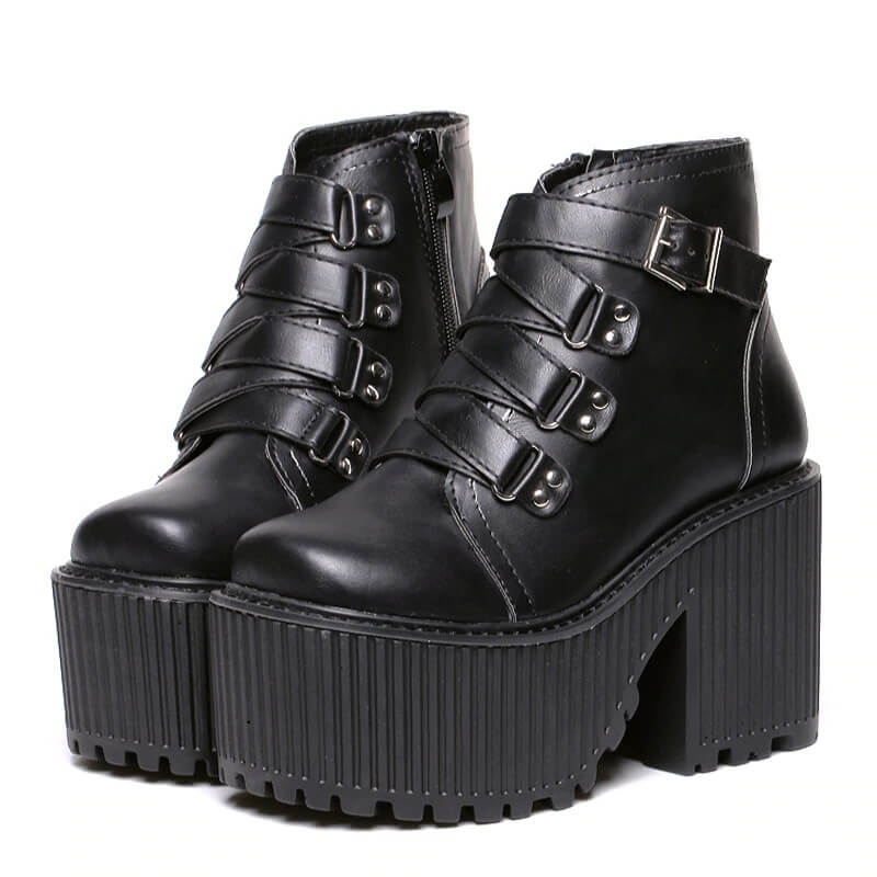 Leather Round Toe High Heel Boots Women Shoes Buckle Rubber Sole Black Platform Shoes Autumn Ankle