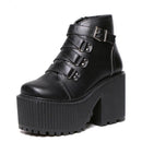 Leather Round Toe High Heel Boots Women Shoes Buckle Rubber Sole Black Platform Shoes Autumn Ankle
