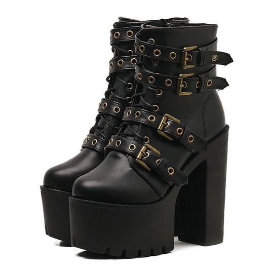Rivet Black Ankle Boots Women Platform Soft Leather Autumn Winter Ladies Boots With Zipper Ultra High Heels Shoes
