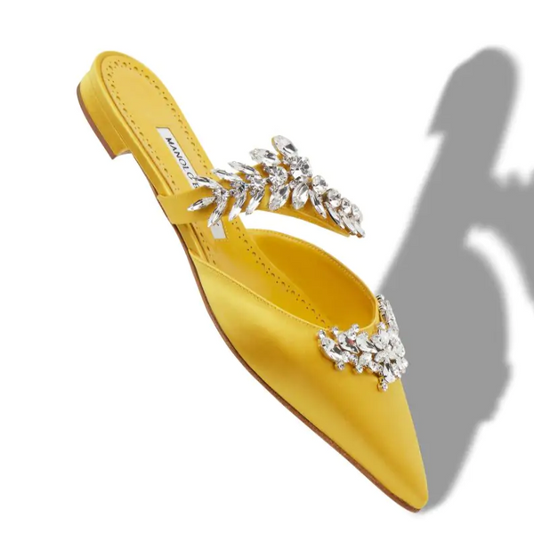 Lurumflat Luxury Yellow Satin Crystal Embellished Flat Mules