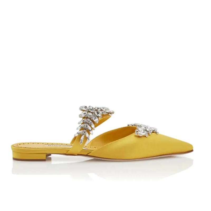 Lurumflat Luxury Yellow Satin Crystal Embellished Flat Mules