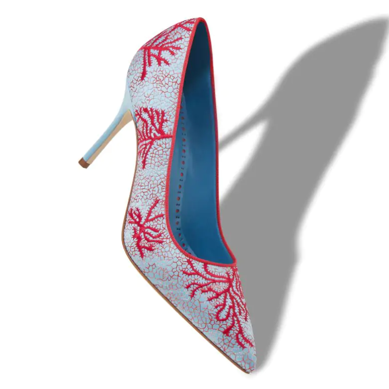 Berola Luxury Shoe Light Blue and Red Satin Embroidered Pumps
