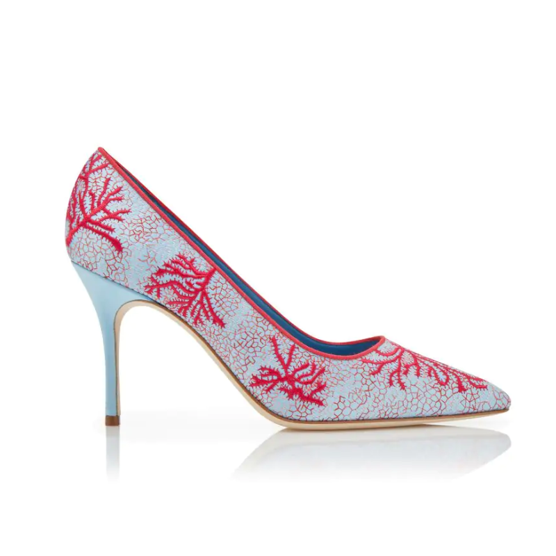 Berola Luxury Shoe Light Blue and Red Satin Embroidered Pumps