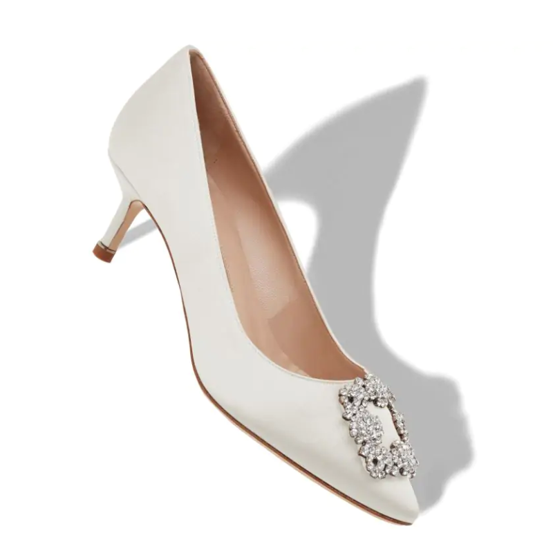 Hangisi 50 Luxury Shoe Light Cream Satin Jewel Buckle Pumps White