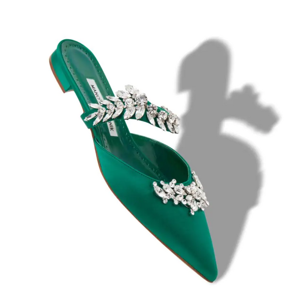 Lurumflat Luxury Shoe Green Satin Crystal Embellished Flat Mules