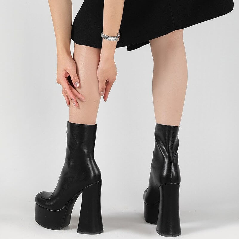 short boots women Thick Bottom Solid color Front zipper round toe party shoes Autumn