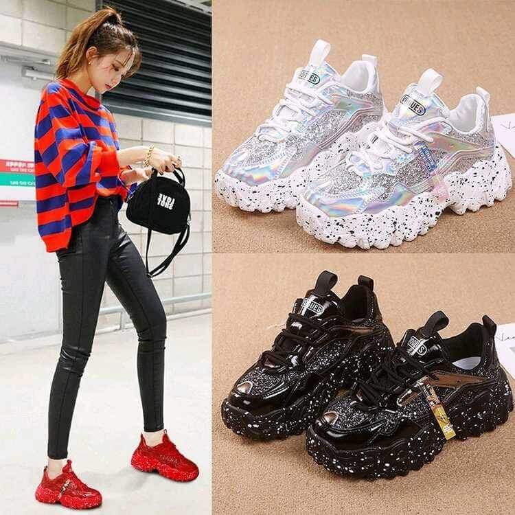 Sneakers Women Spring 2020 Sequined Cloth Bling Breathable Round Toe Leisure Chunky Women Shoes Tenis Feminino Zapatos De Mujer