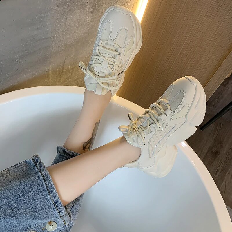 Women's Lace up Sneakers Black chunky Platform White Casual Leather breathable Fashion All-match Female Ladies Sports Sneakers
