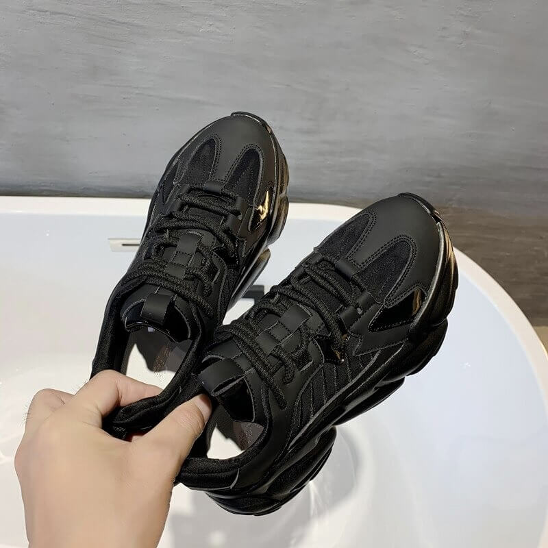 Women's Lace up Sneakers Black chunky Platform White Casual Leather breathable Fashion All-match Female Ladies Sports Sneakers